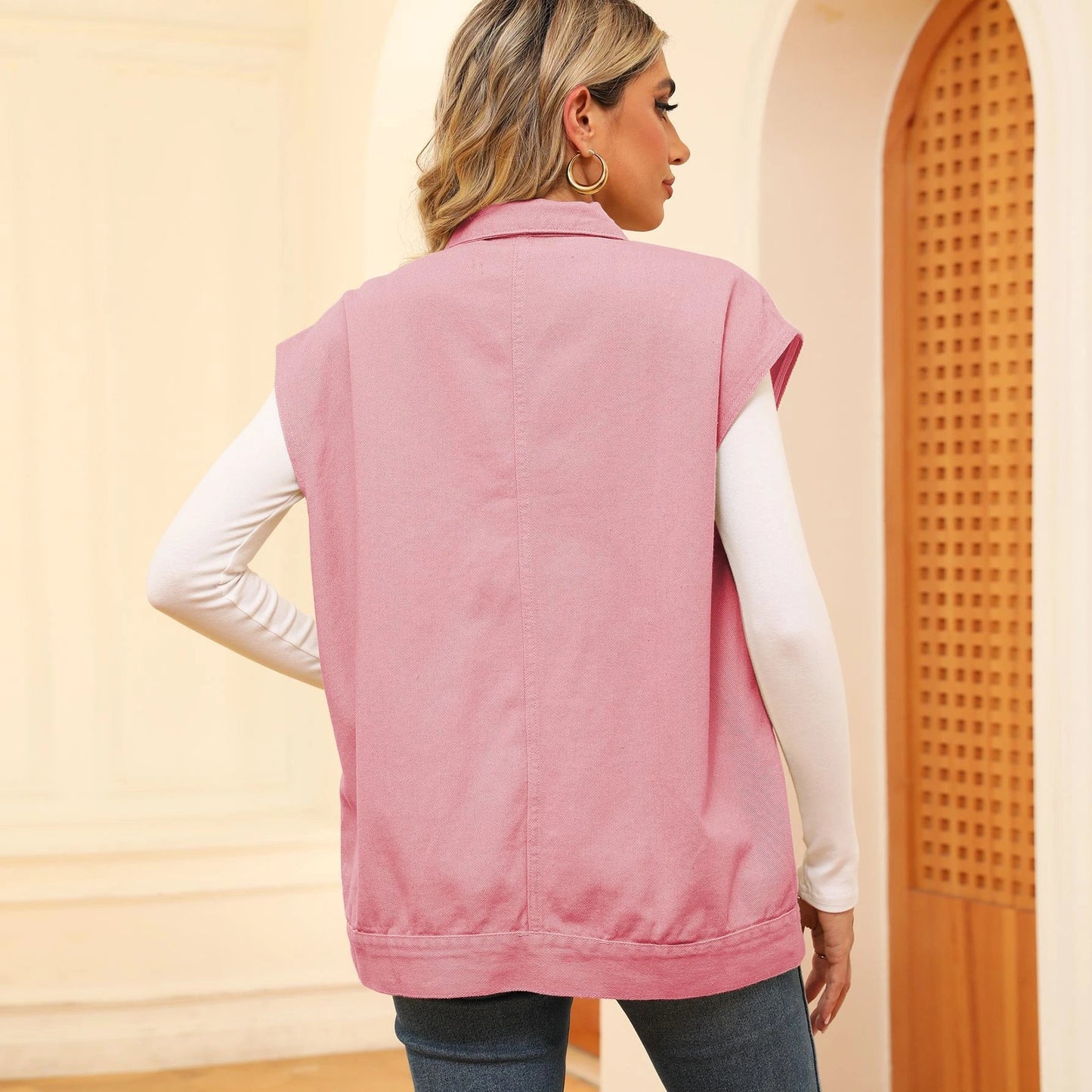 Denim vest with large pockets, sleeveless design for women's casual and formal wear