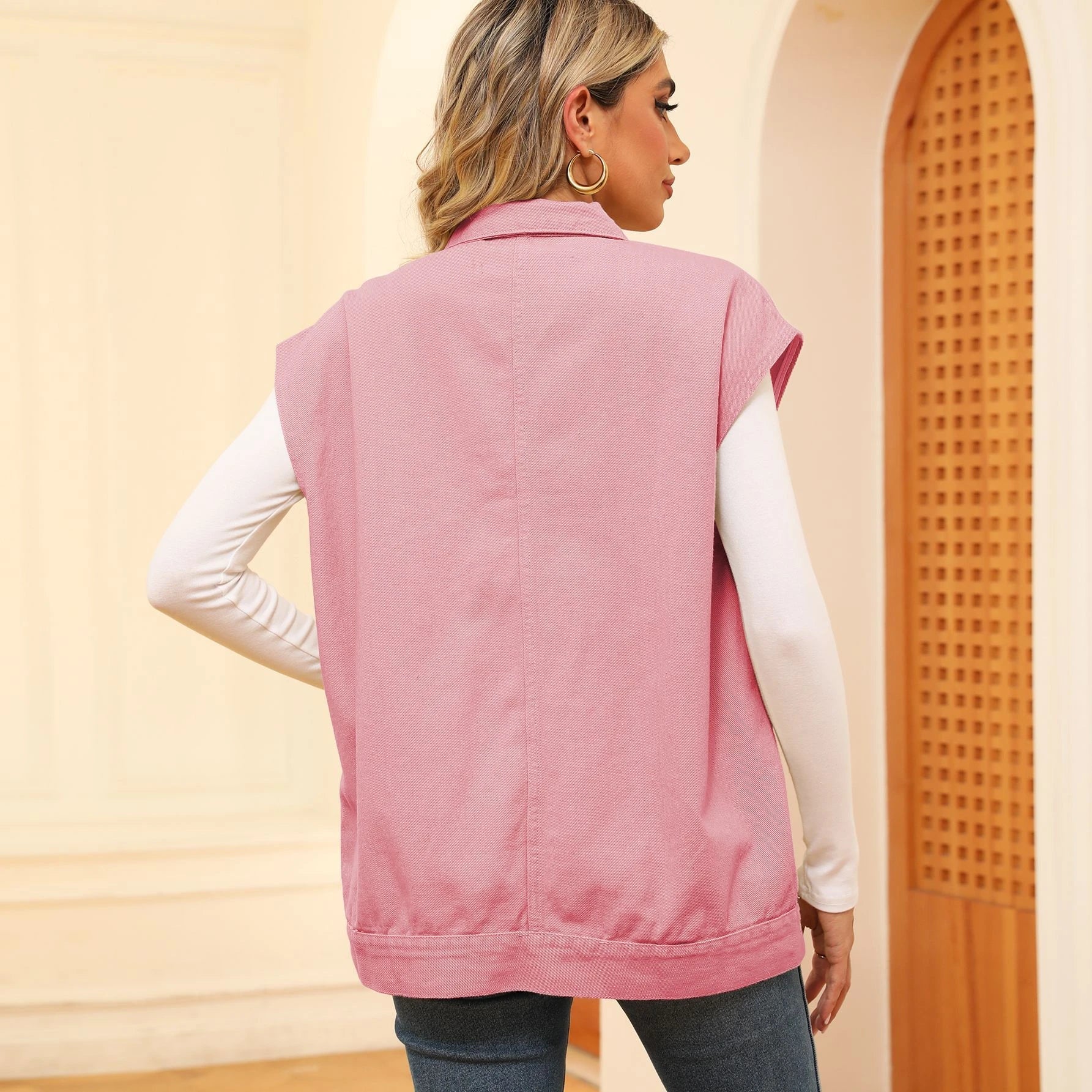 Denim vest with large pockets, sleeveless design for women's casual and formal wear