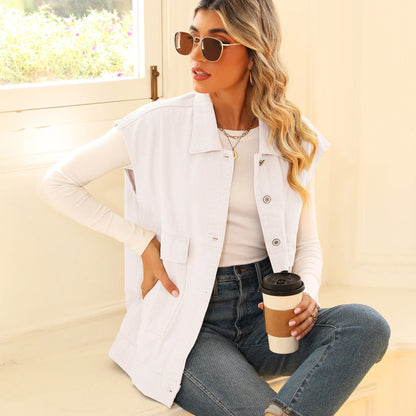 Denim vest with large pockets, sleeveless design for women's casual and formal wear