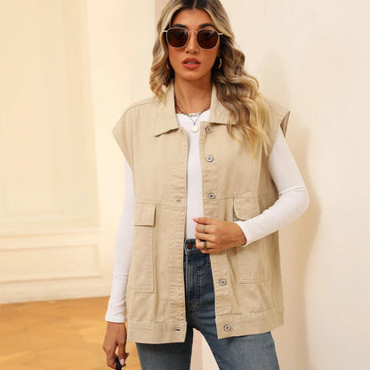 Denim vest with large pockets, sleeveless design for women's casual and formal wear