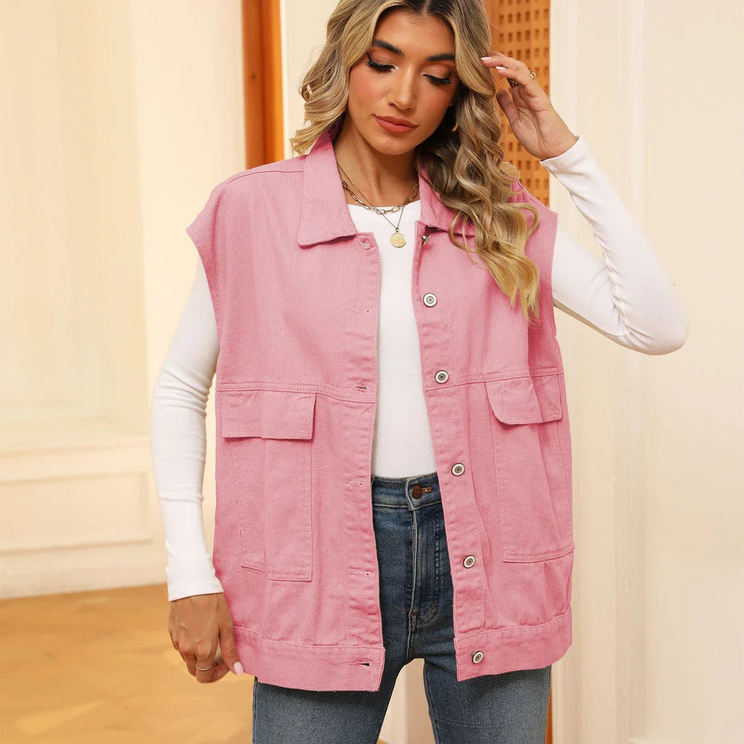 Denim vest with large pockets, sleeveless design for women's casual and formal wear
