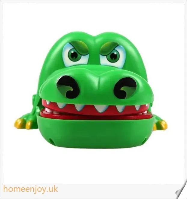 A bright green crocodile with big eyes and long teeth, ready to bite down on the dentist's tongs.