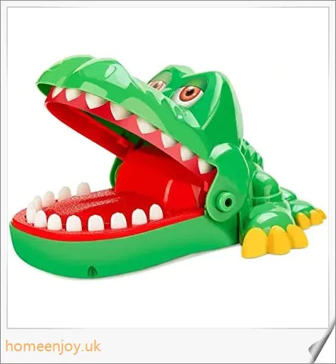 A bright green crocodile with big eyes and long teeth, ready to bite down on the dentist's tongs.