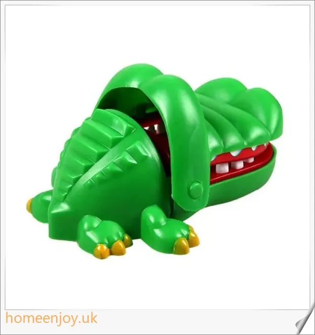 A bright green crocodile with big eyes and long teeth, ready to bite down on the dentist's tongs.