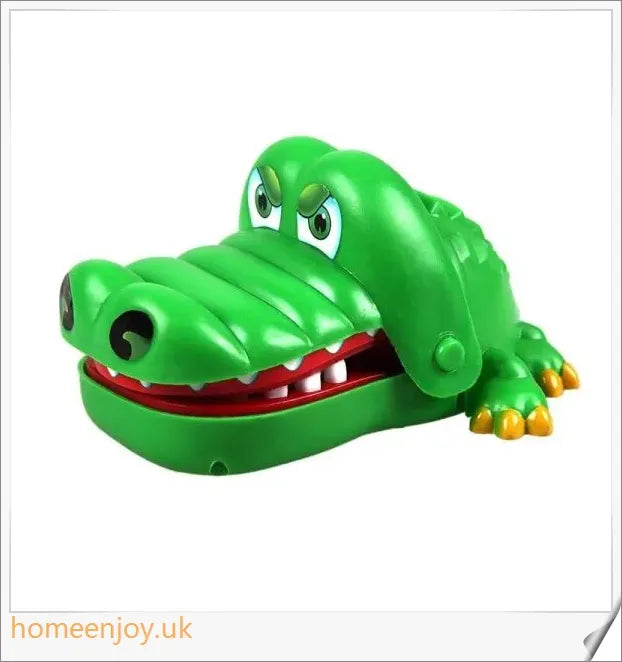 A bright green crocodile with big eyes and long teeth, ready to bite down on the dentist's tongs.