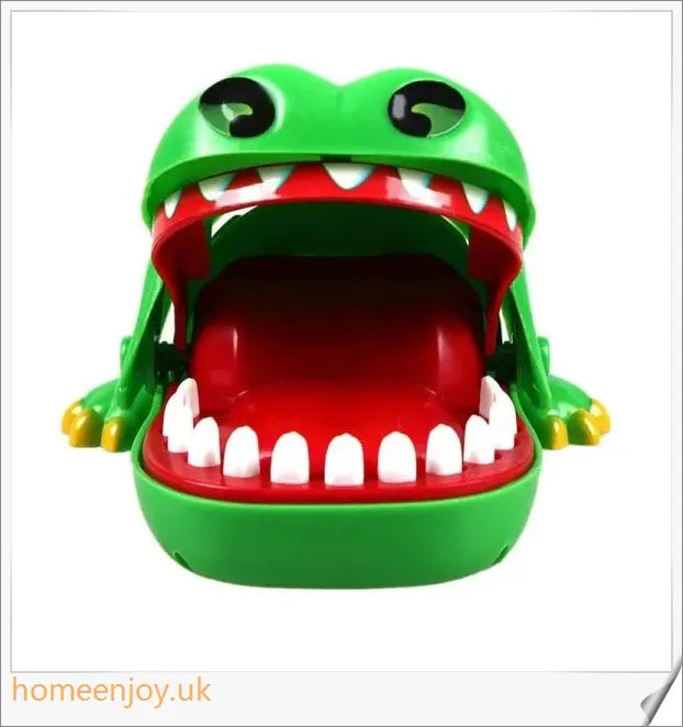 A bright green crocodile with big eyes and long teeth, ready to bite down on the dentist's tongs.