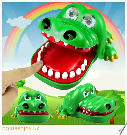 A bright green crocodile with big eyes and long teeth, ready to bite down on the dentist's tongs.