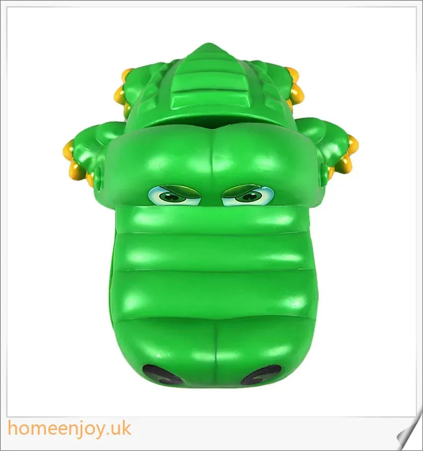 A bright green crocodile with big eyes and long teeth, ready to bite down on the dentist's tongs.