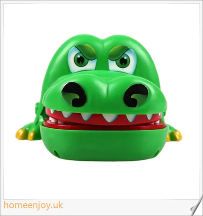 A bright green crocodile with big eyes and long teeth, ready to bite down on the dentist's tongs.