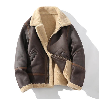 Men's Polo Collar Jacket in Brown - Casual Plus Size Fur Integrated Fleece-Lined Thickened Outerwear