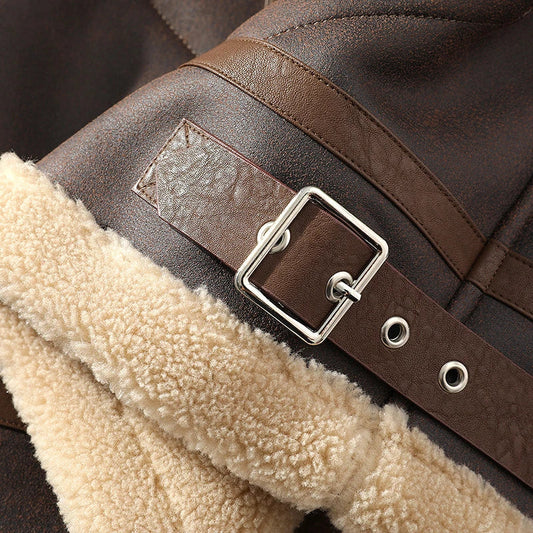 Men's Polo Collar Jacket in Brown - Casual Plus Size Fur Integrated Fleece-Lined Thickened Outerwear