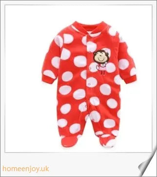 A cosy, printed one-piece baby romper with long sleeves and a foot wrap, made from premium polar fleece fabric.