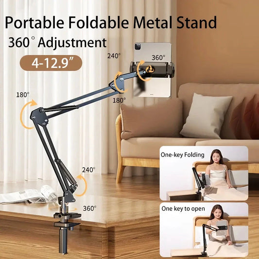360° adjustable tablet and phone stand with long arm and silicone cushioned holder
