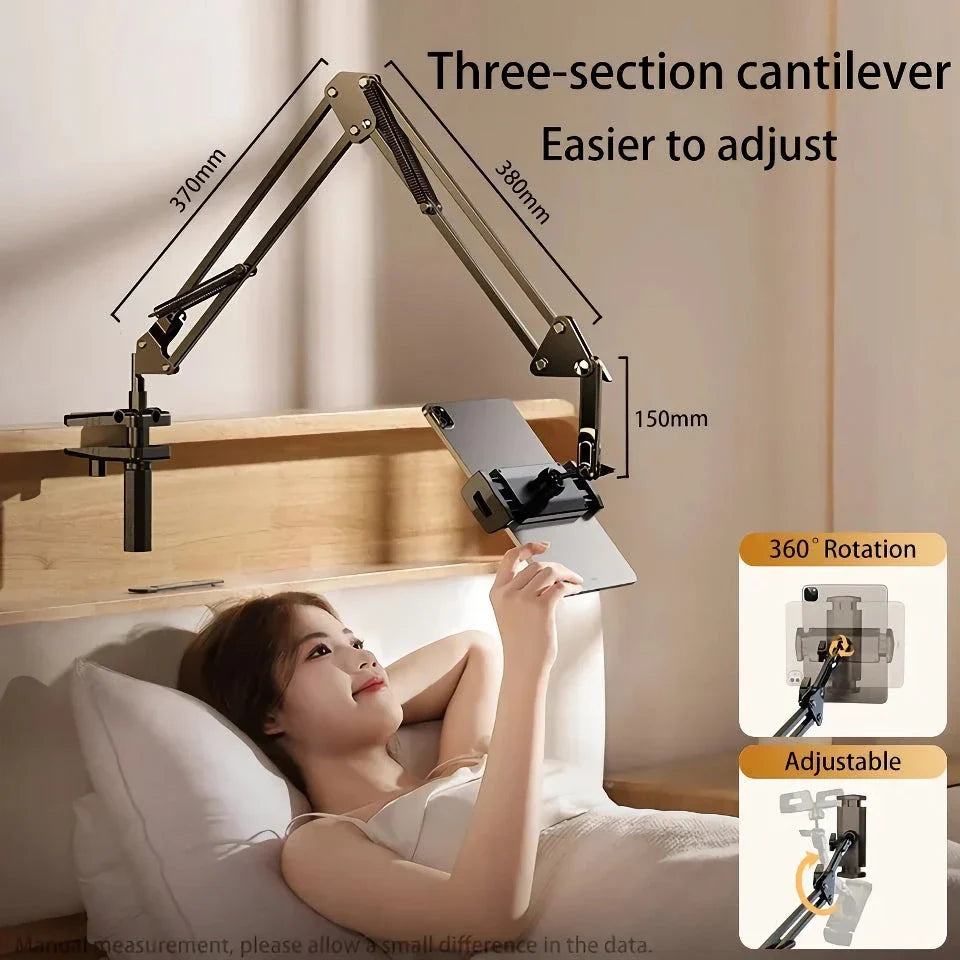 360° adjustable tablet and phone stand with long arm and silicone cushioned holder