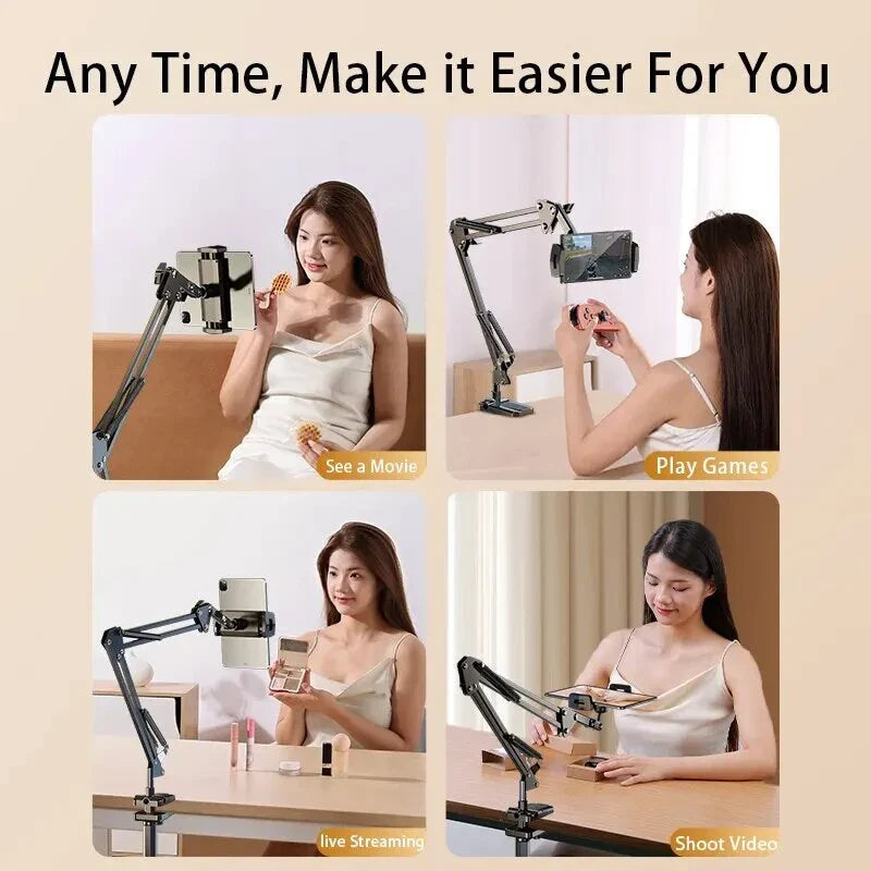 360° adjustable tablet and phone stand with long arm and silicone cushioned holder