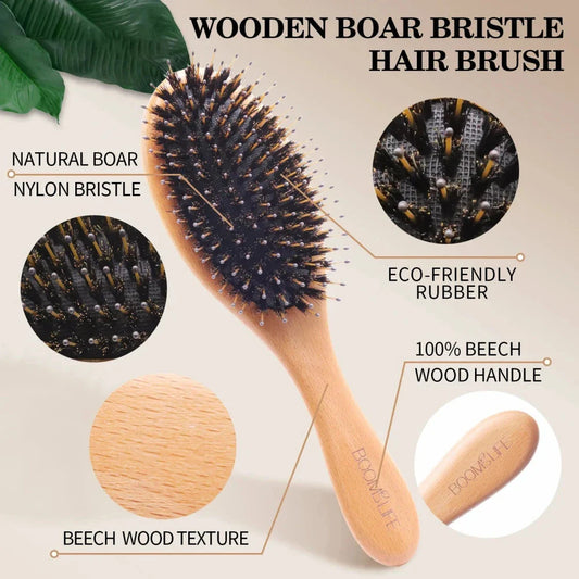 Premium boar bristle and wooden hair brush for frizz control, shine enhancement, and hair protection