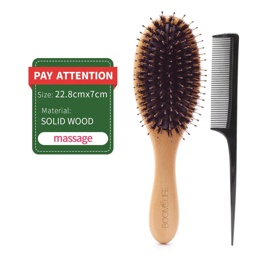 Premium boar bristle and wooden hair brush for frizz control, shine enhancement, and hair protection