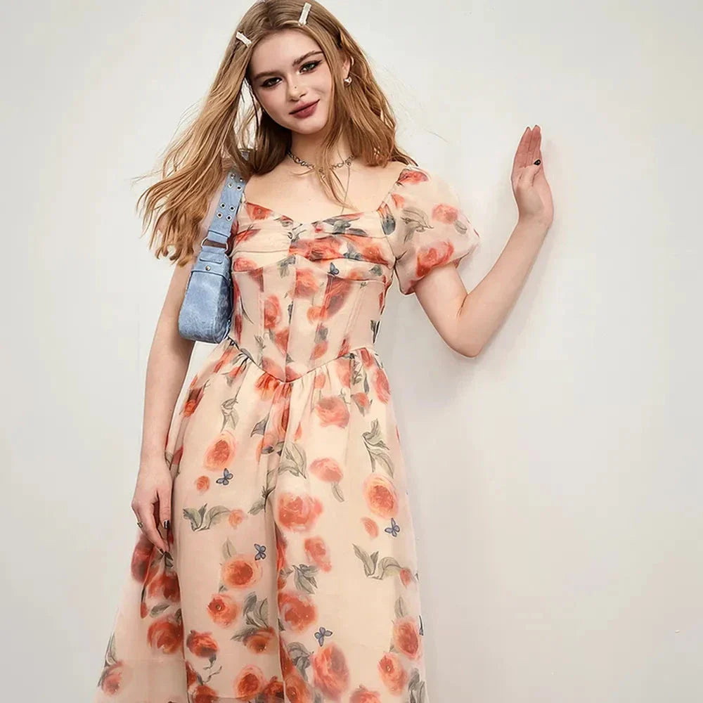 Elegant spring floral V-neck dress with slimming waistband and tea break princess skirt