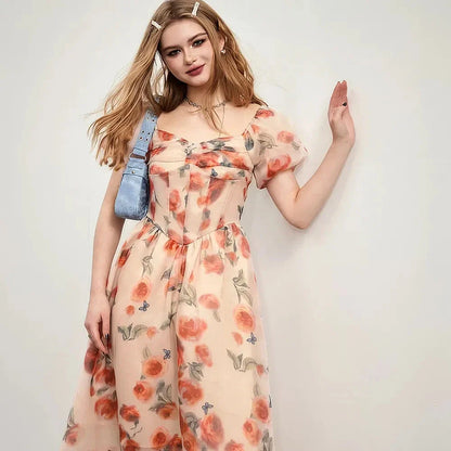 Elegant spring floral V-neck dress with slimming waistband and tea break princess skirt