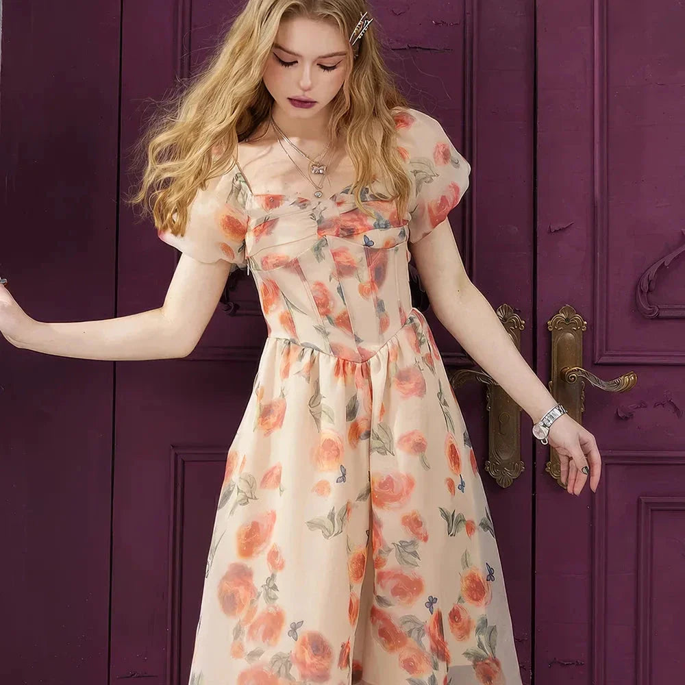 Elegant spring floral V-neck dress with slimming waistband and tea break princess skirt