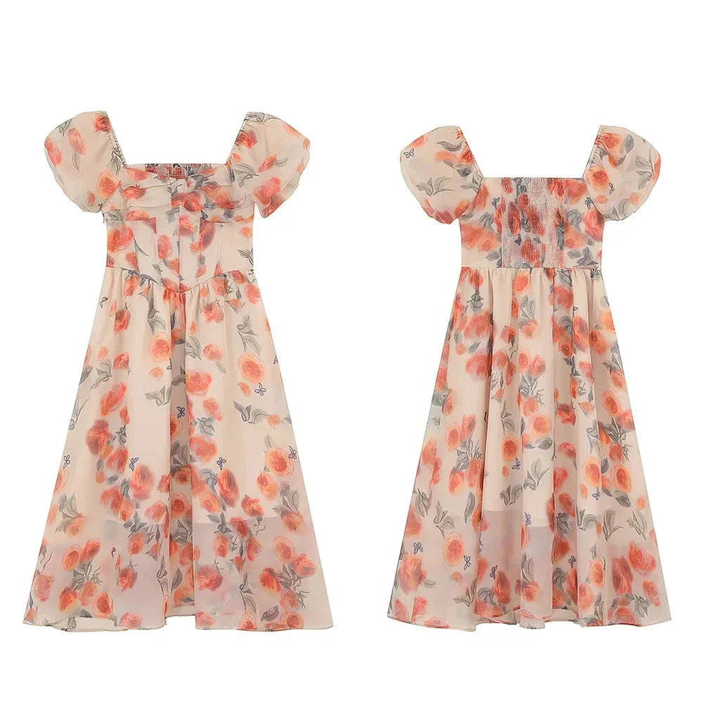 Elegant spring floral V-neck dress with slimming waistband and tea break princess skirt