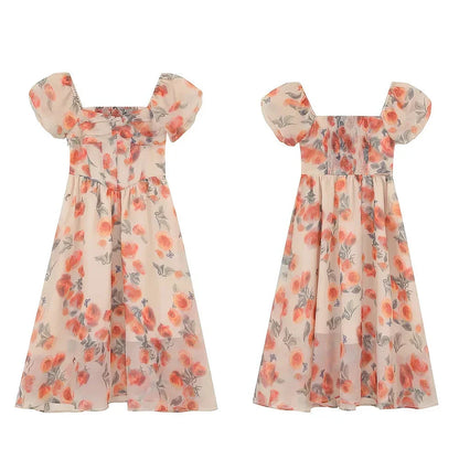 Elegant spring floral V-neck dress with slimming waistband and tea break princess skirt