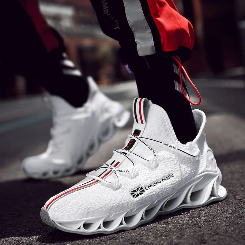 Cross-Border Plus-Size Men's Sports Blade Running Shoes in white, featuring a synthetic leather upper and a durable rubber sole for a comfortable and responsive ride.