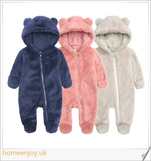 Autumn and Winter Baby Bear Hooded Jumpsuits in various colours, featuring a cosy bear-eared hood and relaxed, comfortable fit.