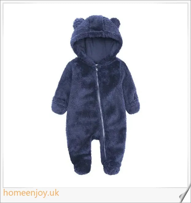 Autumn and Winter Baby Bear Hooded Jumpsuits in various colours, featuring a cosy bear-eared hood and relaxed, comfortable fit.
