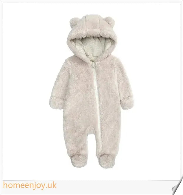 Autumn and Winter Baby Bear Hooded Jumpsuits in various colours, featuring a cosy bear-eared hood and relaxed, comfortable fit.