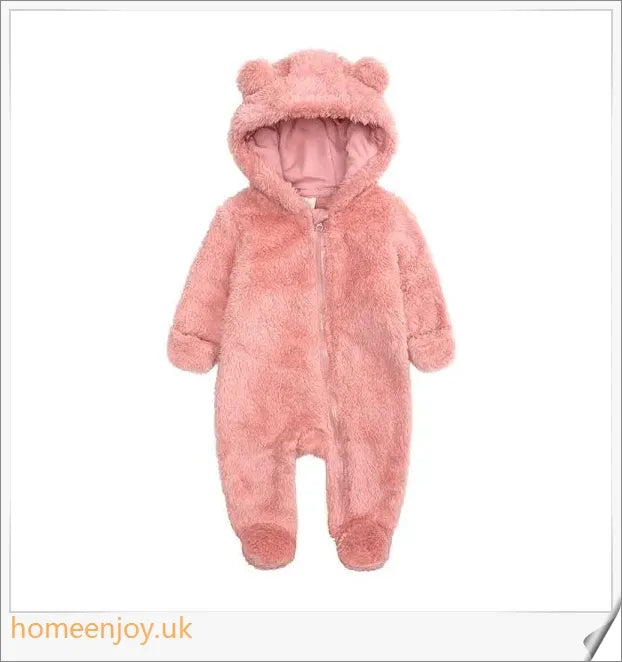 Autumn and Winter Baby Bear Hooded Jumpsuits in various colours, featuring a cosy bear-eared hood and relaxed, comfortable fit.