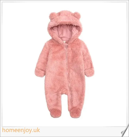 Autumn and Winter Baby Bear Hooded Jumpsuits in various colours, featuring a cosy bear-eared hood and relaxed, comfortable fit.