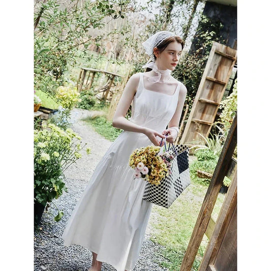 Elegant French white suspender long dress made from premium 100% cotton for effortless style