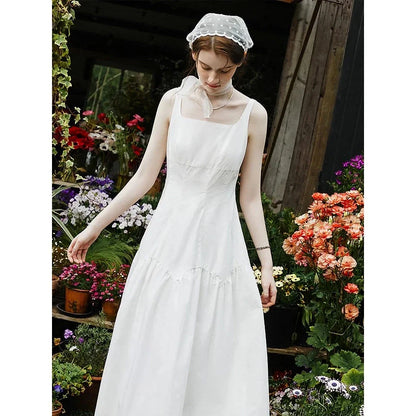 Elegant French white suspender long dress made from premium 100% cotton for effortless style