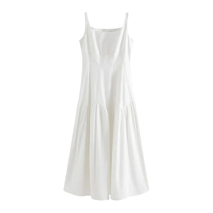 Elegant French white suspender long dress made from premium 100% cotton for effortless style