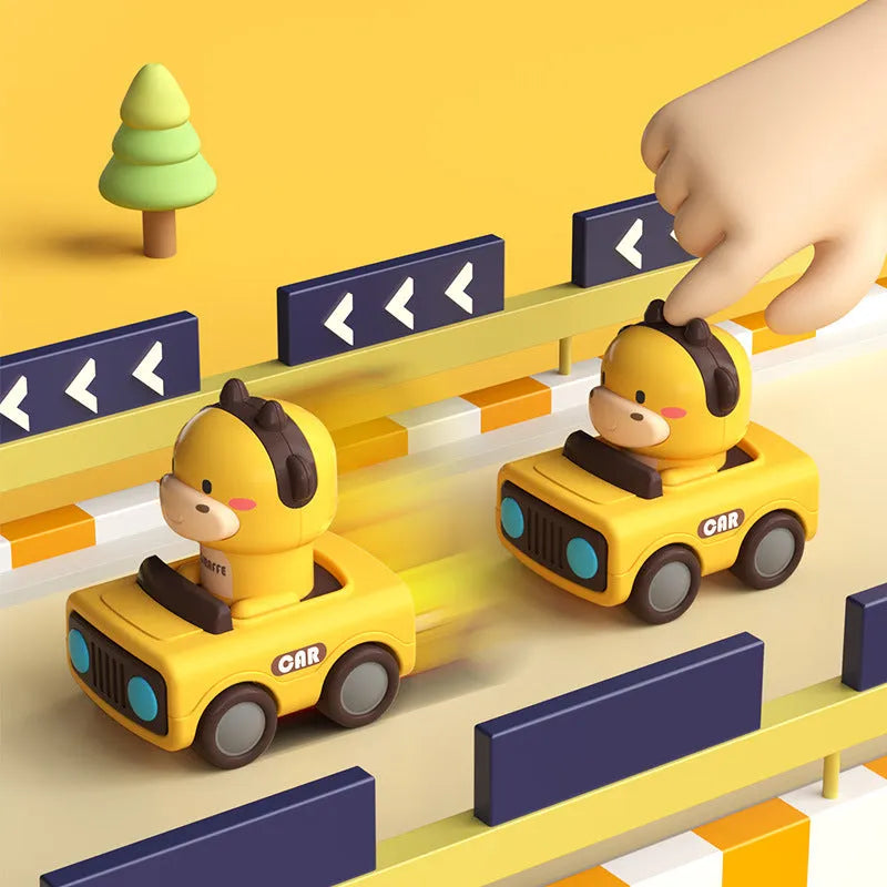 Plastic pressing animal car toy in yellow deer, orange calf, blue lamb, and green calf colours