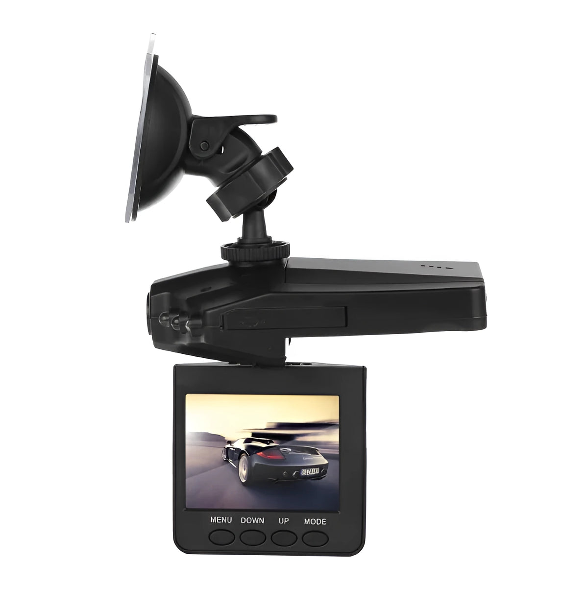 Driving recorder with 6 lights, night vision, motion detection, 1080p, and optional memory card.
