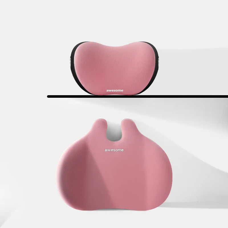 Car headrest and lumbar support pillow set in fabric with cotton filling.
