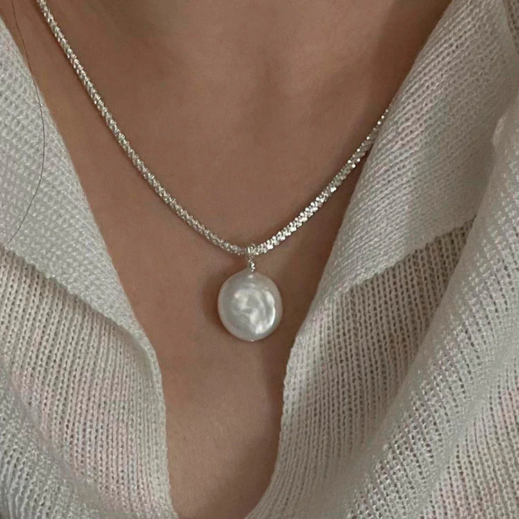 Elegant S925 Sterling Silver Baroque Pearl Necklace with starry sky chain design