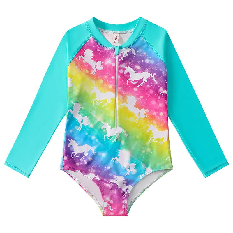 Girl's long-sleeve one-piece swimsuit in briefs style for swimming and wading