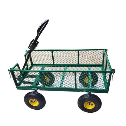 Green four-wheel hand push trolley with iron frame and terrain rubber wheels for 350kg load capacity