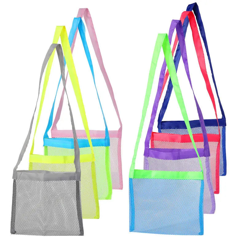 Blue children's drawstring travel storage bag made of nylon mesh for organising toys and clothes.
