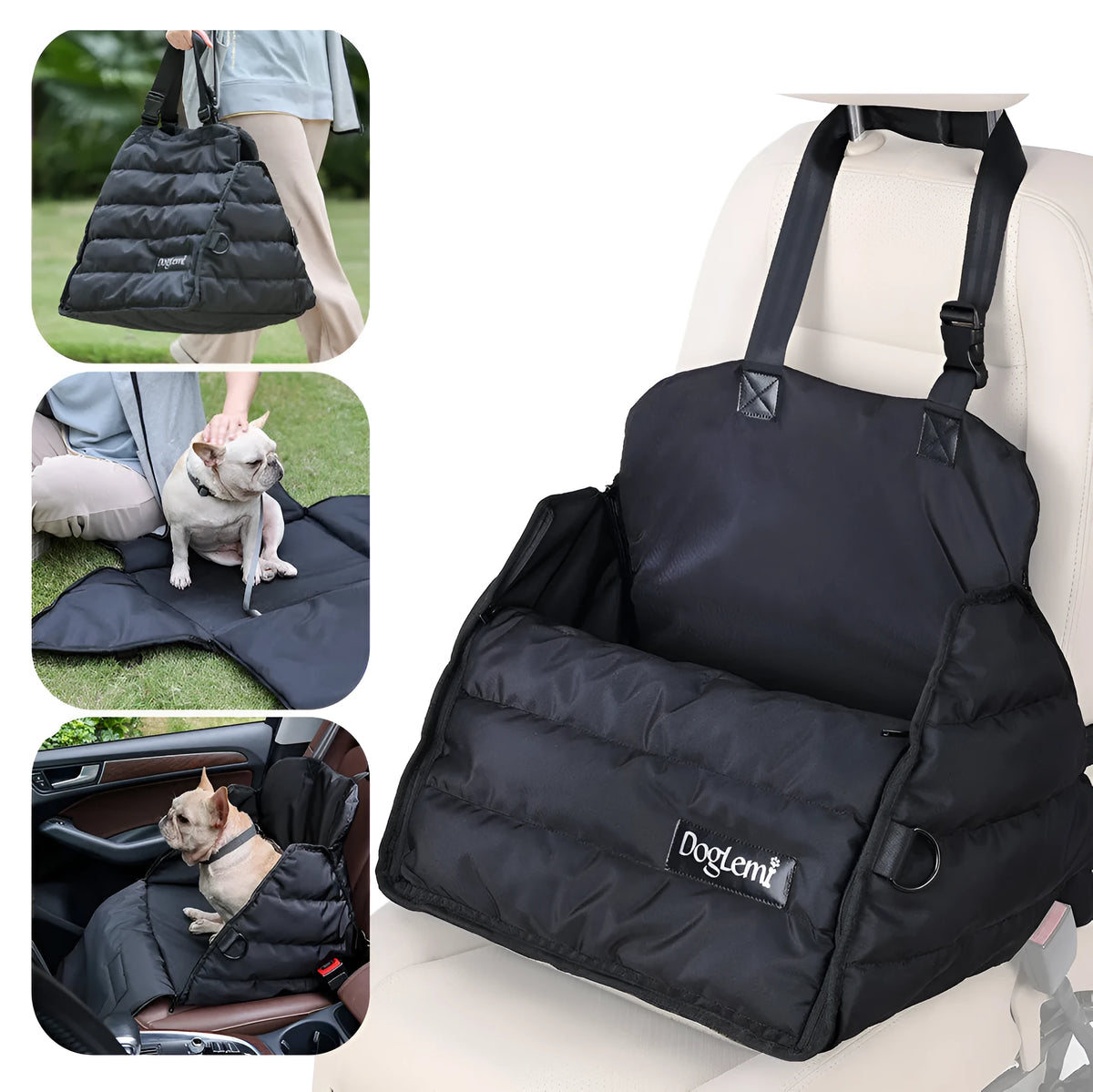 Black polyester dog car travel bag attached to car seat with seatbelt clip