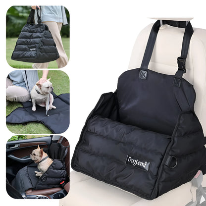 Black polyester dog car travel bag attached to car seat with seatbelt clip