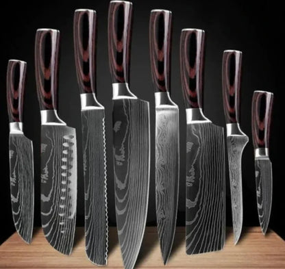 Professional chef knife with laser-etched Damascus pattern on 7Cr17 steel blade and coloured wood handle.