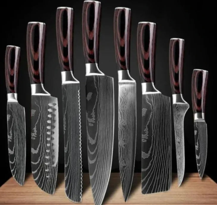 7-inch chef knife with laser Damascus pattern on blade and coloured steel handle on a cutting board.