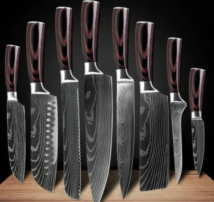 Premium chef knife set with high-performance stainless steel blades, featuring a striking Damascus pattern and ergonomic color-coated handles