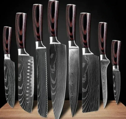 Premium chef knife set with high-performance stainless steel blades, featuring a striking Damascus pattern and ergonomic color-coated handles