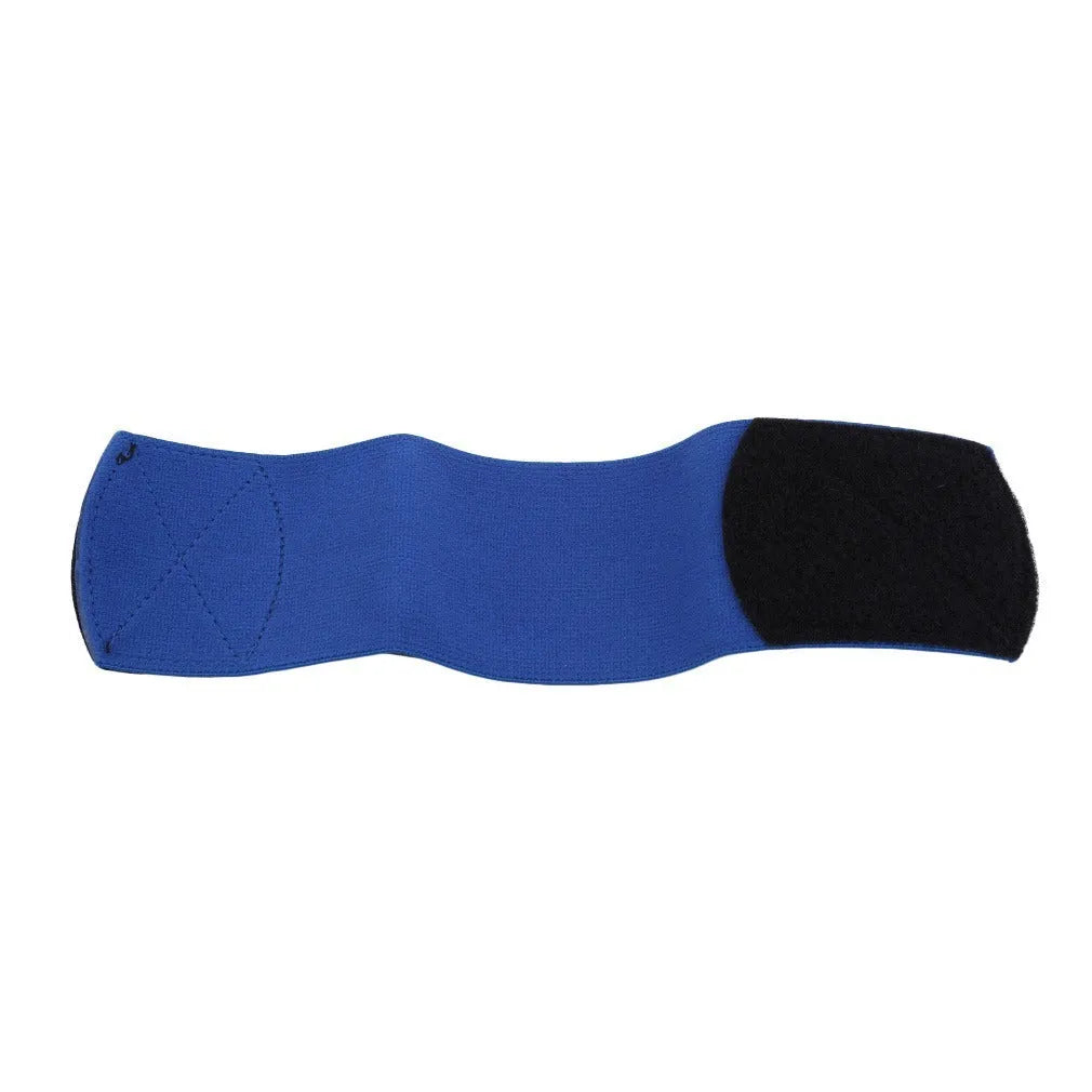 Rubber football shin guard retention tape belt shown in red, blue, black, and white colour options.