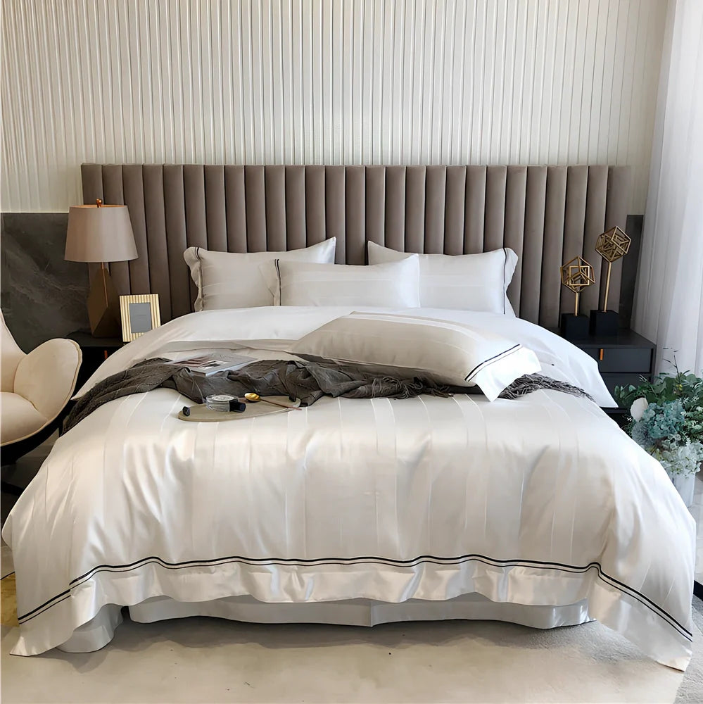 Pure cotton duvet cover with geometric jacquard pattern in Nordic style, showing embroidery texture detail